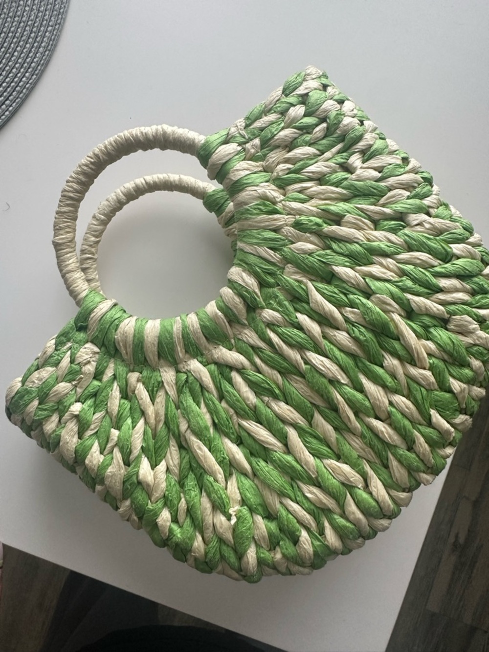 Green and Cream Woven Straw Tote Bag
